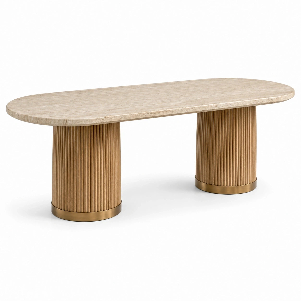 Ovaler Esstisch mit geriffelten Säulenfüßen, Beige/Braun/Messingfarben, 180 × 90 × 76 cm