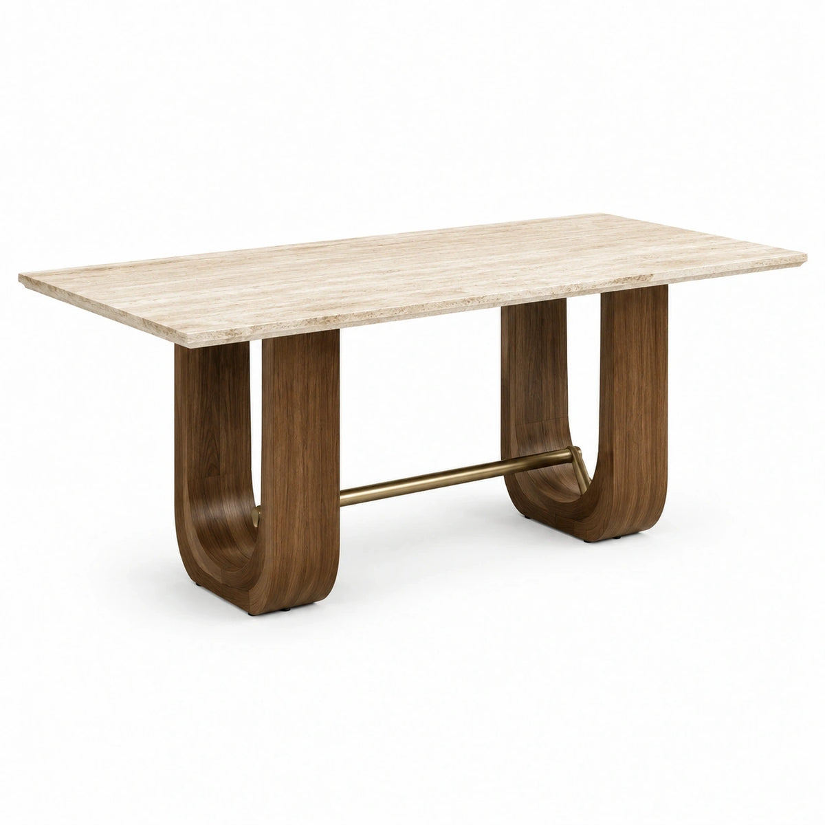 Moderner Esstisch in Beige, Braun und Messingfarben, 200 × 90 × 76 cm, Stein- und Holzoptik