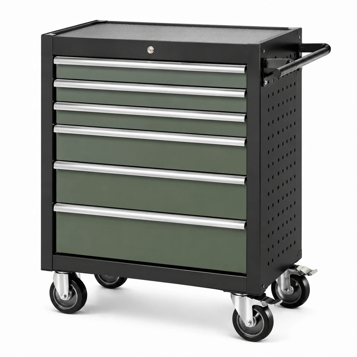 Abschließbarer Werkzeugwagen aus Stahl mit 6 Schubladen, 77 × 46 × 97 cm, Schwarz/Grün/Silber