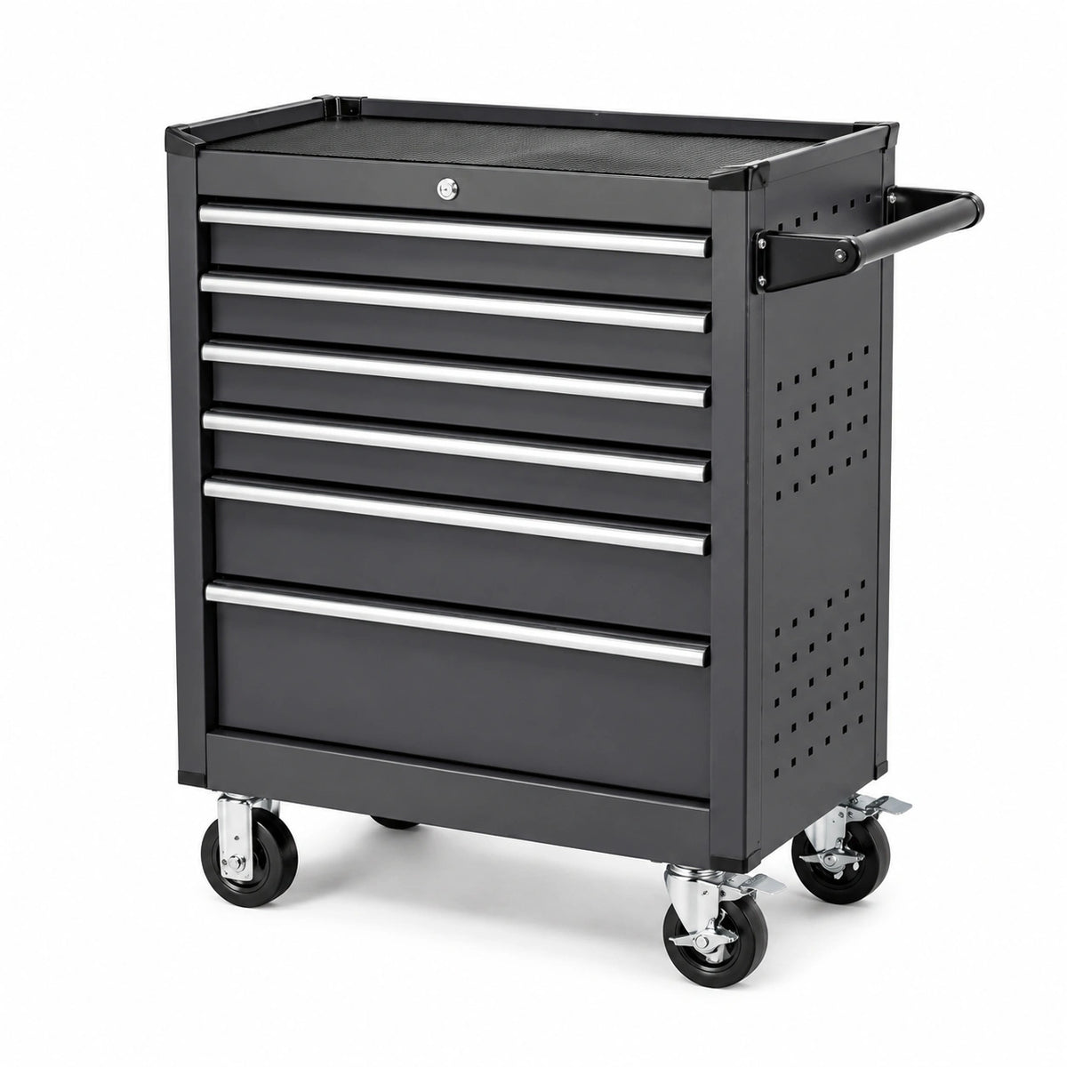 Abschließbarer Werkstattwagen aus Stahl mit 6 Schubladen und 4 Rollen, Schwarz/Silber, 77 × 46 × 97 cm
