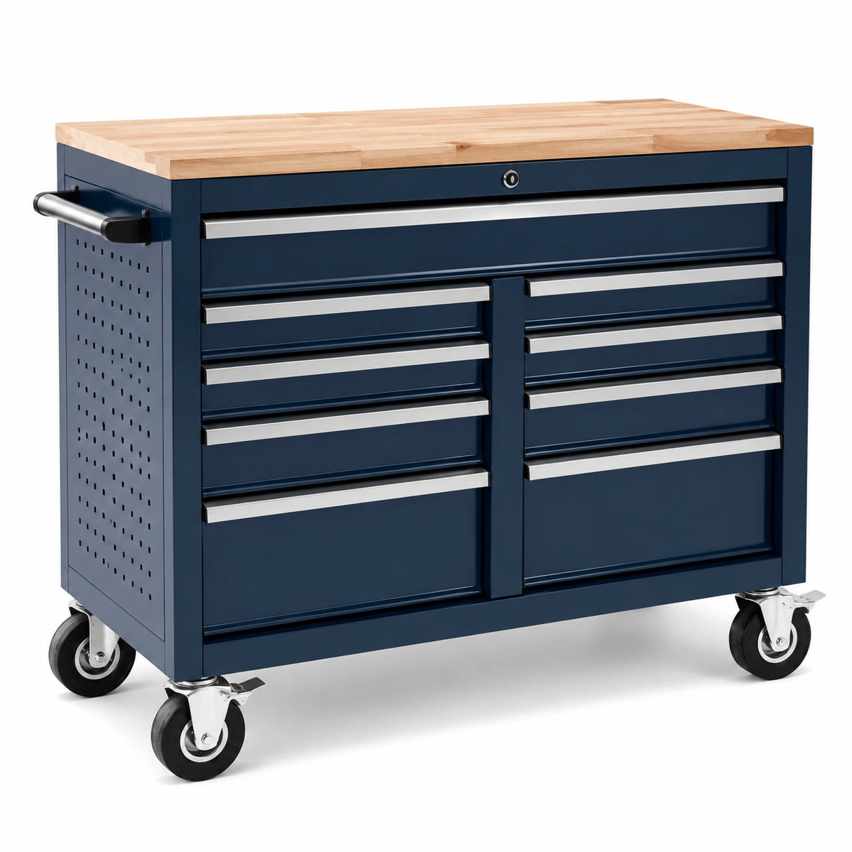 Mobiler Werkzeugwagen mit Holzarbeitsplatte, 9 abschließbaren Schubladen und 4 Lenkrollen, 112 × 56 × 101 cm, Dunkelblau