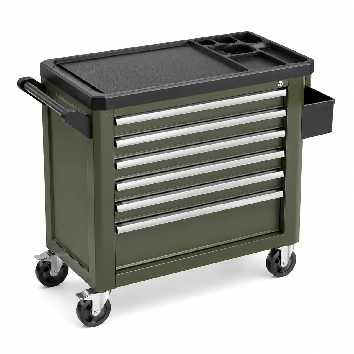 Mobiler Werkzeugwagen aus Stahl mit 7 abschließbaren Schubladen, 84 × 46 × 88 cm, Olivgrün/Schwarz/Silber