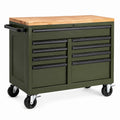 Rollbarer Werkzeugschrank aus Stahl mit Holzarbeitsplatte, 9 Schubladen, 122 × 46 × 95 cm, Olivgrün/Schwarz/Natur