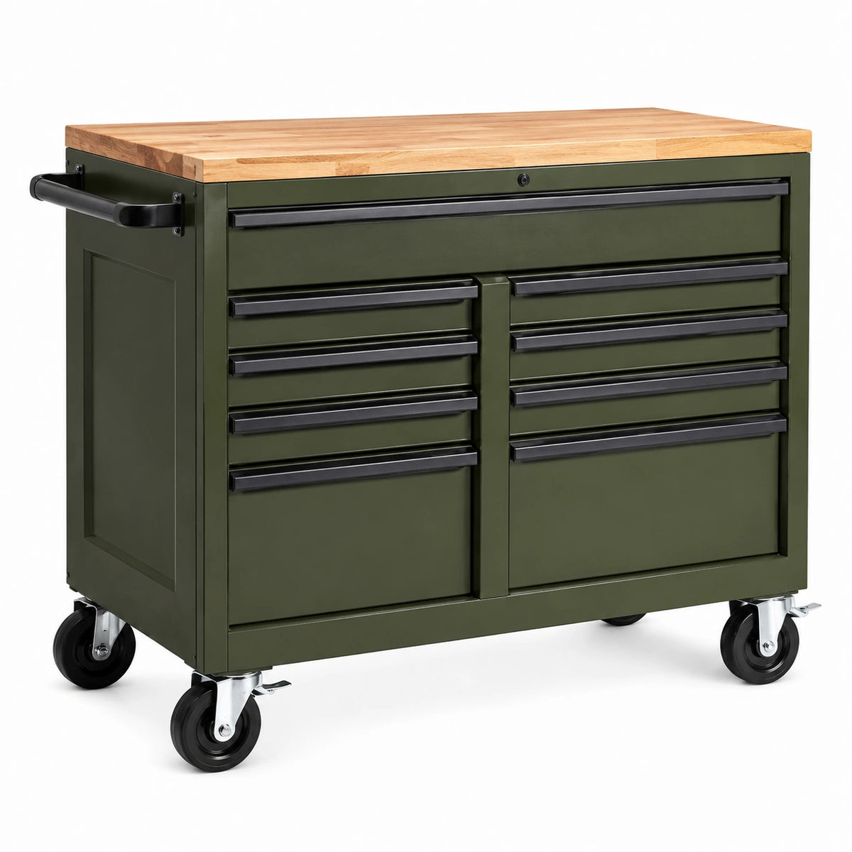 Rollbarer Werkzeugschrank aus Stahl mit Holzarbeitsplatte, 9 Schubladen, 122 × 46 × 95 cm, Olivgrün/Schwarz/Natur