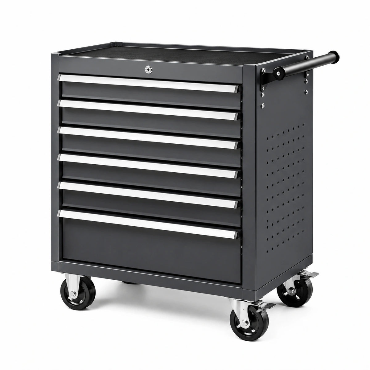 Abschließbarer Werkzeugwagen aus Metall mit 7 Schubladen und 4 Rollen, 77 × 46 × 97 cm, Schwarz/Silber