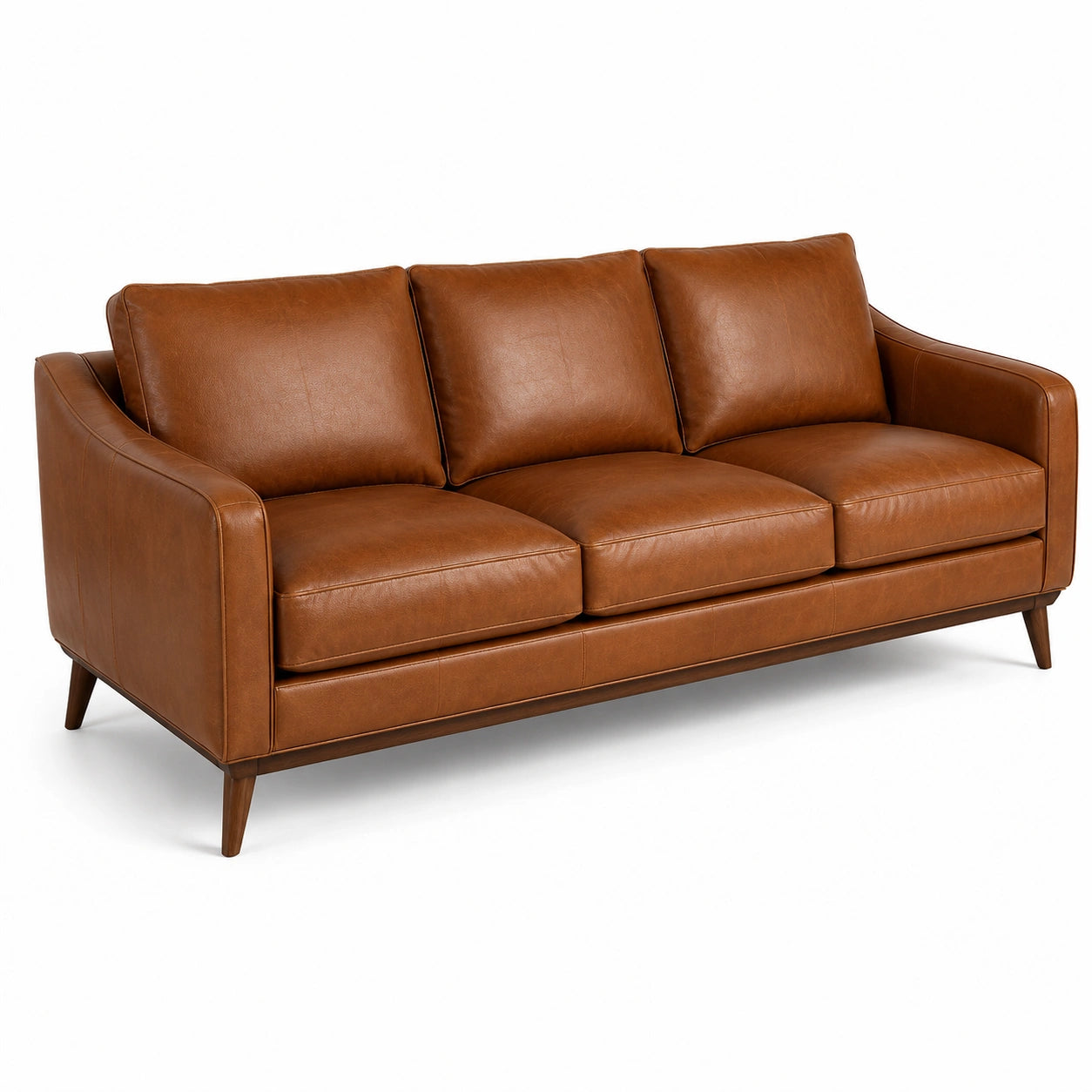 3-Sitzer-Sofa in Cognacbraun mit dunkelbraunen Holzfüßen, 220 × 90 × 85 cm, Lederoptik im Mid-Century-Stil