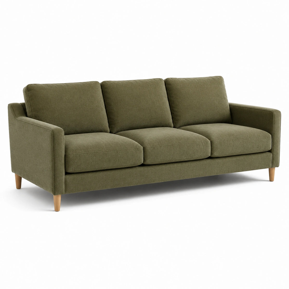 Modernes 3-Sitzer-Sofa aus Stoff in Olivegrün, 215 × 88 × 85 cm, mit naturfarbenen Holzfüßen