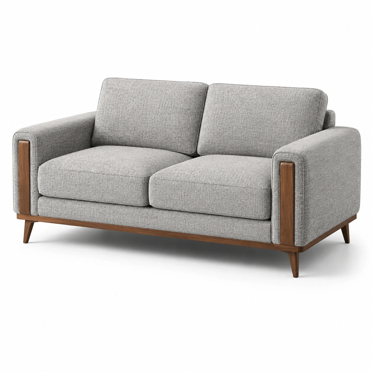 Modernes 2-Sitzer-Sofa aus hellgrauem Strukturstoff mit braunem Holzrahmen, 170 × 88 × 84 cm