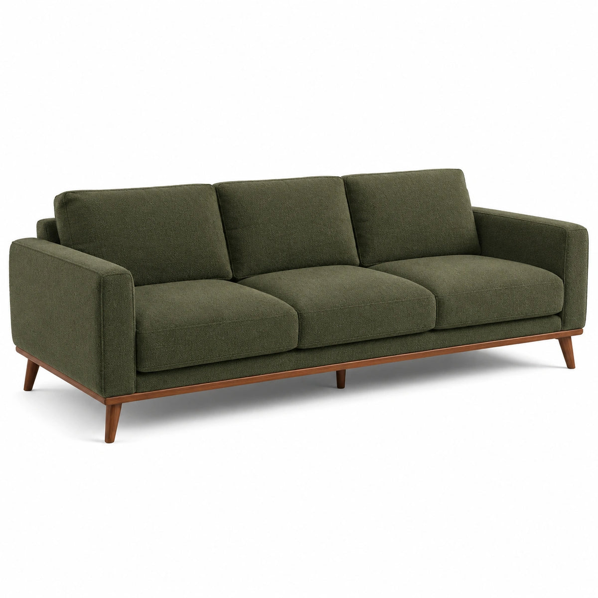 3-Sitzer-Sofa mit dunkelgrünem Strukturstoff und braunem Holzgestell, 220 × 88 × 84 cm, Retrostil