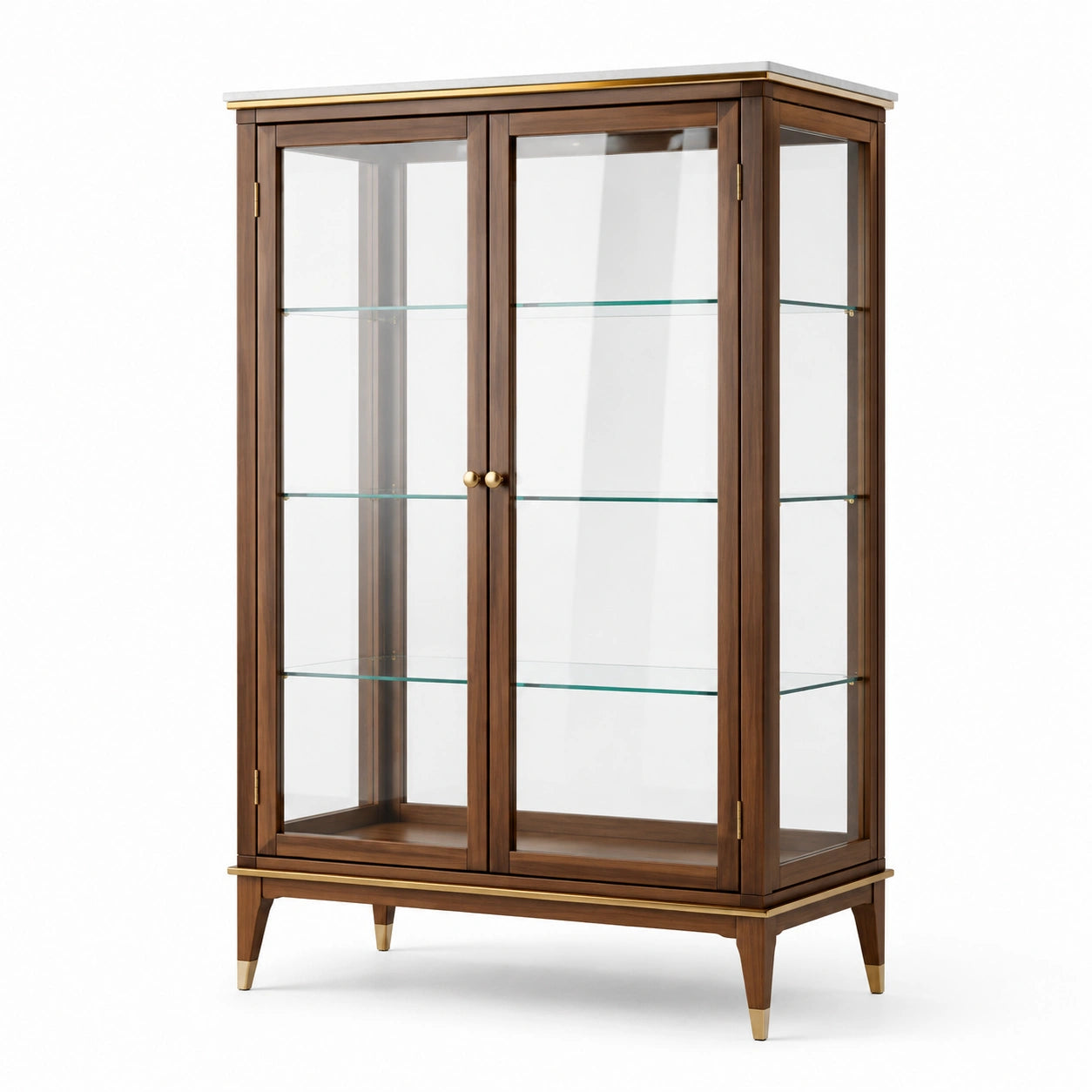 Klassischer Vitrinenschrank aus Holz und Glas, Braun/Goldfarben/Grau, 110 × 42 × 180 cm, mit 2 Glastüren und 3 Glasböden