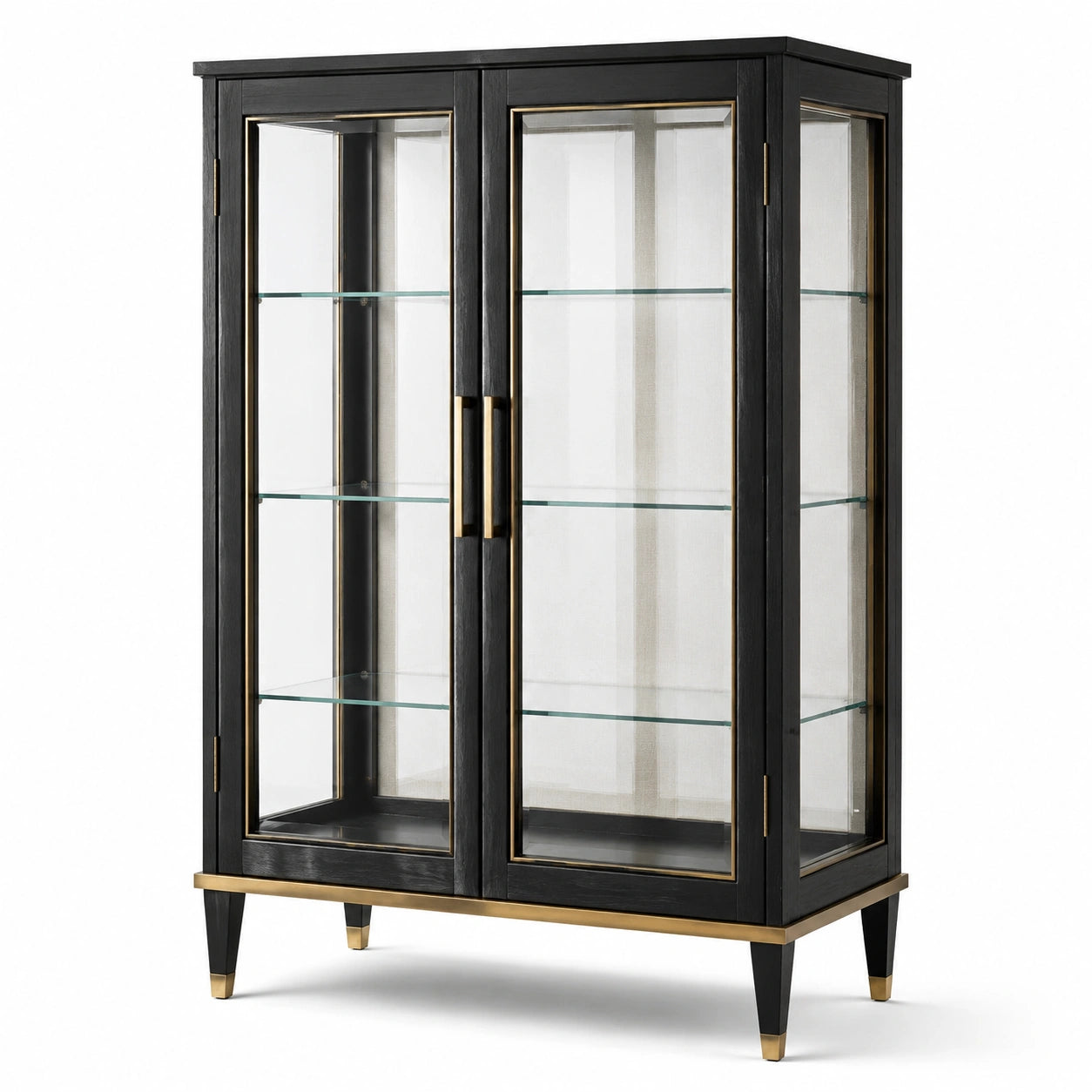 Vitrinenschrank aus Holz, Glas und Metall, Schwarz/Gold, 100 × 40 × 160 cm, 2 Türen und 3 Glasböden