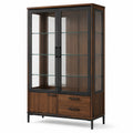 Vitrinenschrank aus Holzwerkstoff mit Glastüren, 3 Glasböden und 2 Schubladen, Braun/Schwarz/Transparent, 100 × 40 × 180 cm