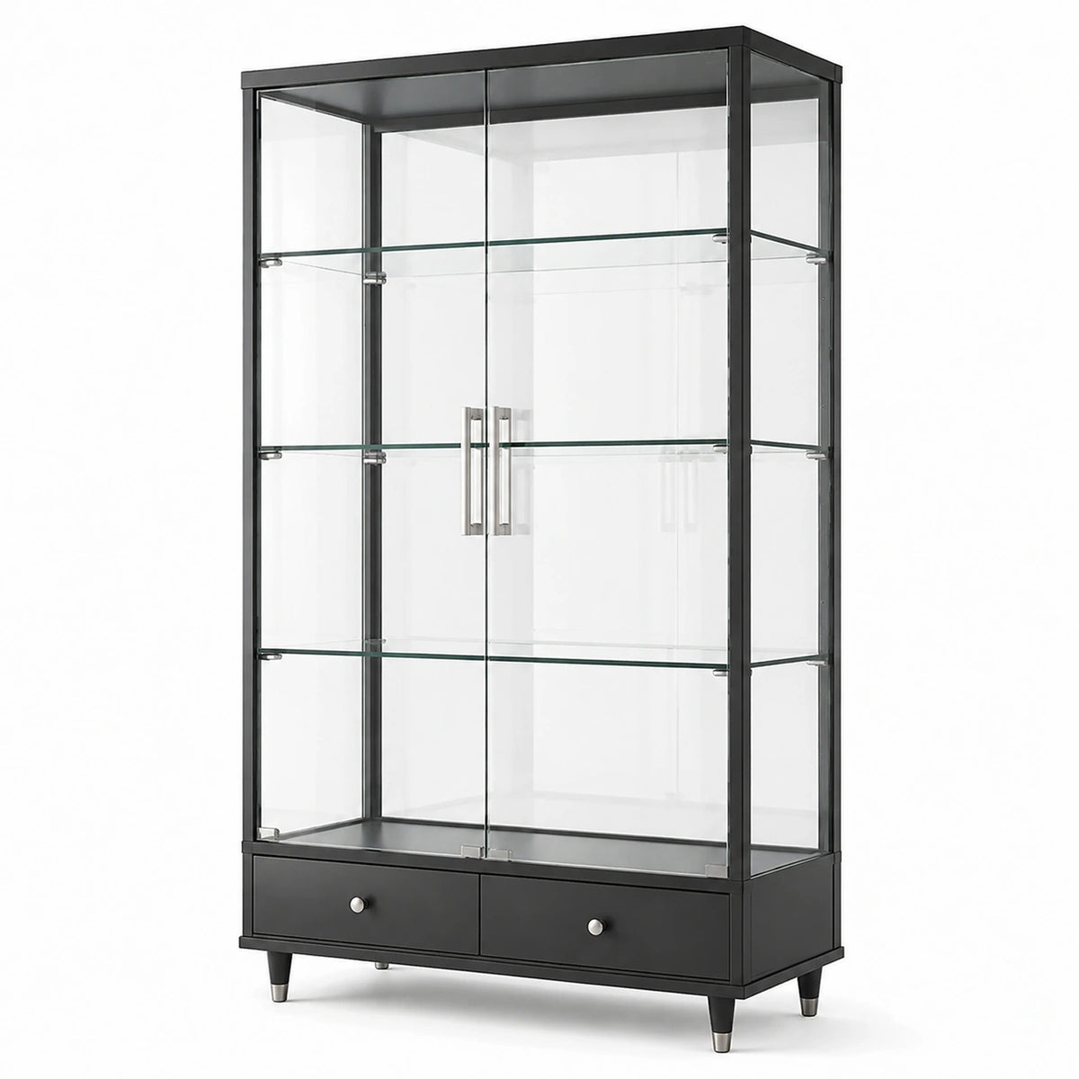 Moderne Vitrine aus Metall und Glas mit 2 Glastüren, 3 Glasböden und 2 Schubladen, Schwarz/Silber, 100 × 40 × 180 cm