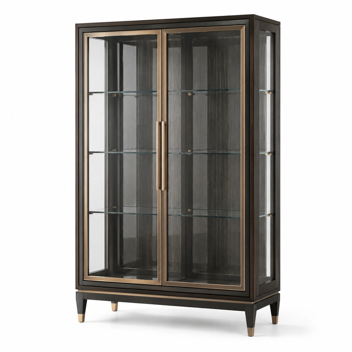 Vitrinenschrank mit 2 Glastüren und 3 Glasböden, Schwarz/Gold, 110 × 45 × 190 cm