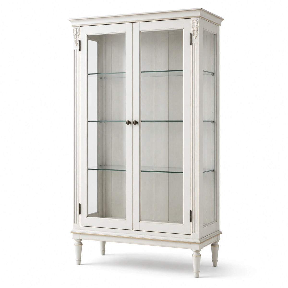 Klassischer Vitrinenschrank aus Holzwerkstoff und Glas, Weiß/Goldfarben/Schwarz, 105 × 45 × 190 cm, 2 Türen und 3 Glasböden