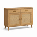 Sideboard aus Holz mit Rattangeflecht, Naturholz/Beige/Gold, 120 × 40 × 90 cm, 2 Türen und 2 Schubladen
