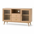 Sideboard mit Riffelglas, 2 Türen und 2 Schubladen, Natur/Gold/Grau, 140 × 40 × 80 cm