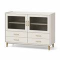 Sideboard aus Holzwerkstoff und Riffelglas, Cremeweiß/Gold/Rauchgrau, 120 × 40 × 90 cm, mit 4 Schubladen und 2 Türen