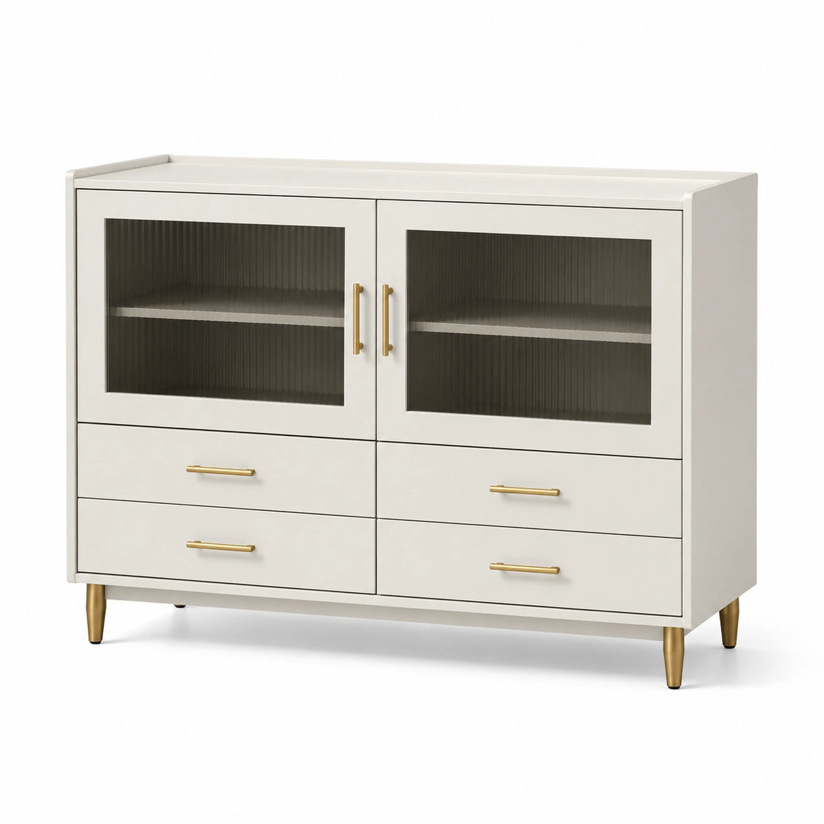 Sideboard aus Holzwerkstoff und Riffelglas, Cremeweiß/Gold/Rauchgrau, 120 × 40 × 90 cm, mit 4 Schubladen und 2 Türen