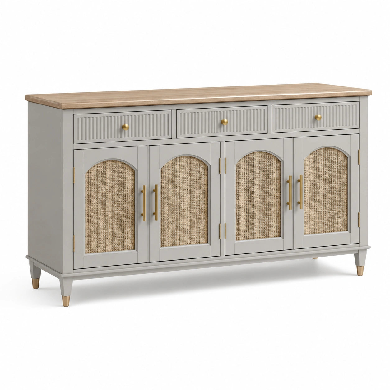 Sideboard 160 × 40 × 85 cm in Grau und Natur mit Rattanfronten, 3 Schubladen und 4 Türen