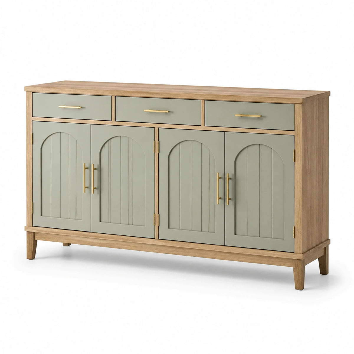 Sideboard in Salbeigrün und Natur, 160 × 40 × 90 cm, mit 3 Schubladen und 4 Türen
