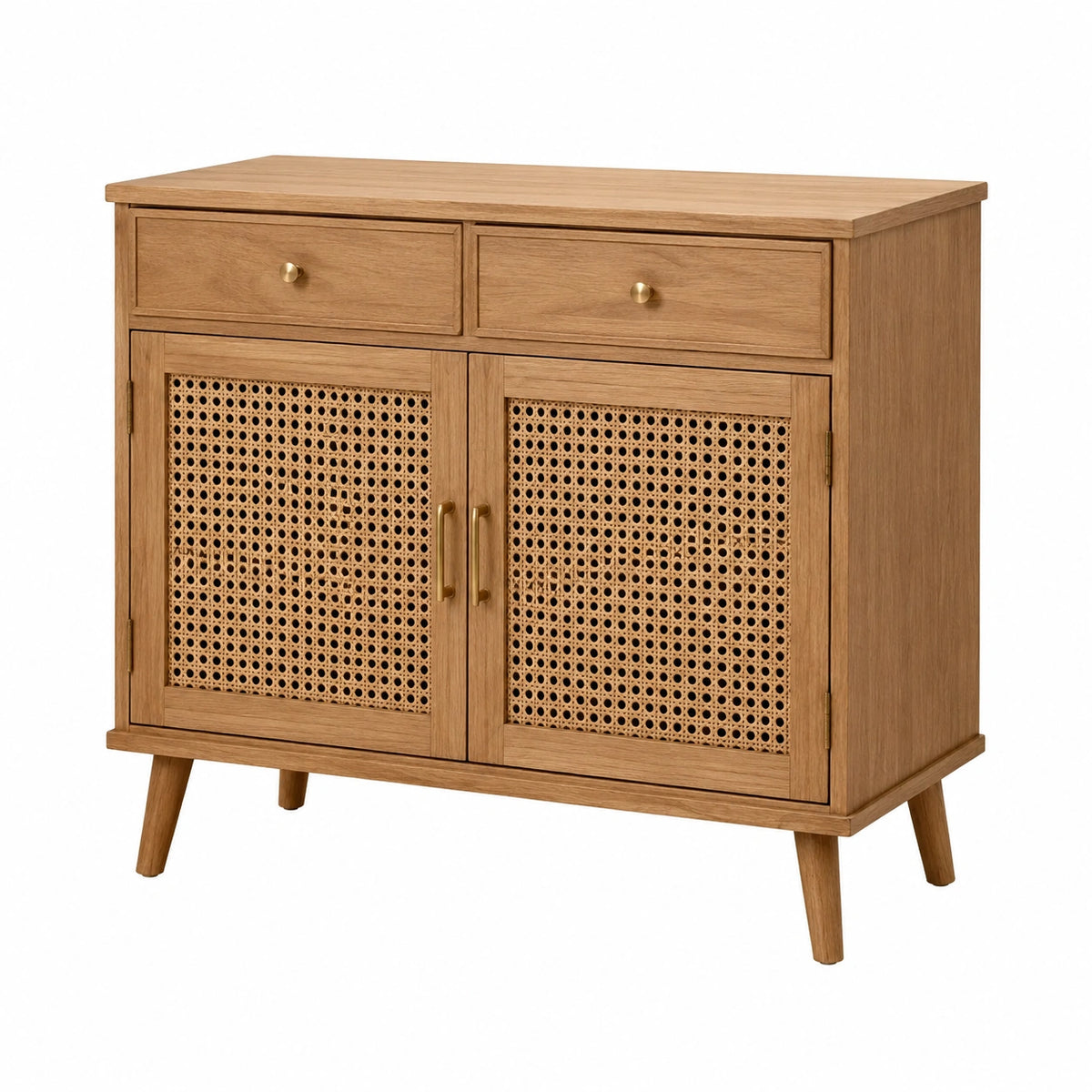 Sideboard aus Holzwerkstoff mit Rattangeflecht, Natur/Goldfarben, 100 × 40 × 90 cm, 2 Schubladen und 2 Türen