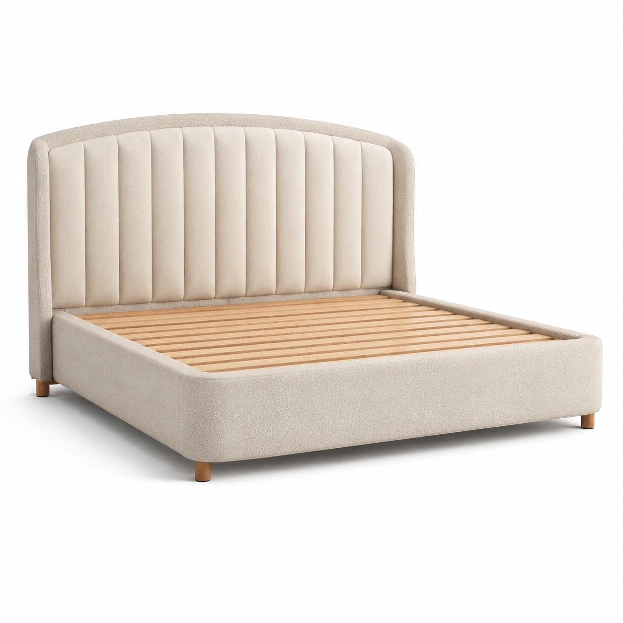 Polsterbett in Creme/Hellbraun, 175 × 215 × 115 cm, für Matratze 160 × 200 cm, mit Holzlattenrost und gepolstertem Bogenkopfteil