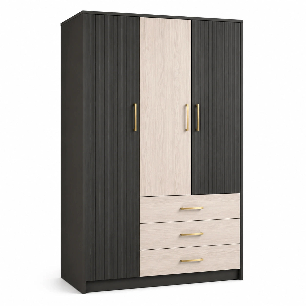 Kleiderschrank aus Holzwerkstoff, Schwarz/Naturfarben, 120 × 50 × 180 cm, 3 Türen und 3 Schubladen
