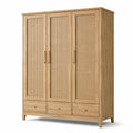 Kleiderschrank Natur/Beige/Gold, 150 × 55 × 200 cm, Holzoptik mit Geflecht, 3 Türen und 3 Schubladen