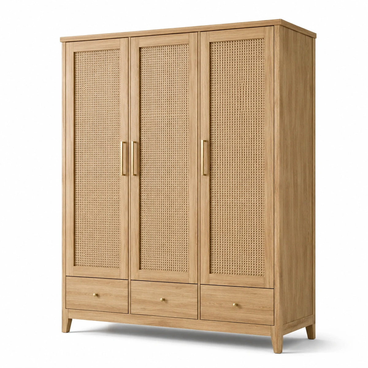Kleiderschrank Natur/Beige/Gold, 150 × 55 × 200 cm, Holzoptik mit Geflecht, 3 Türen und 3 Schubladen