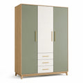 Moderner Kleiderschrank mit 3 Türen und 3 Schubladen, 140 × 52 × 200 cm, Eiche/Salbeigrün/Weiß/Gold