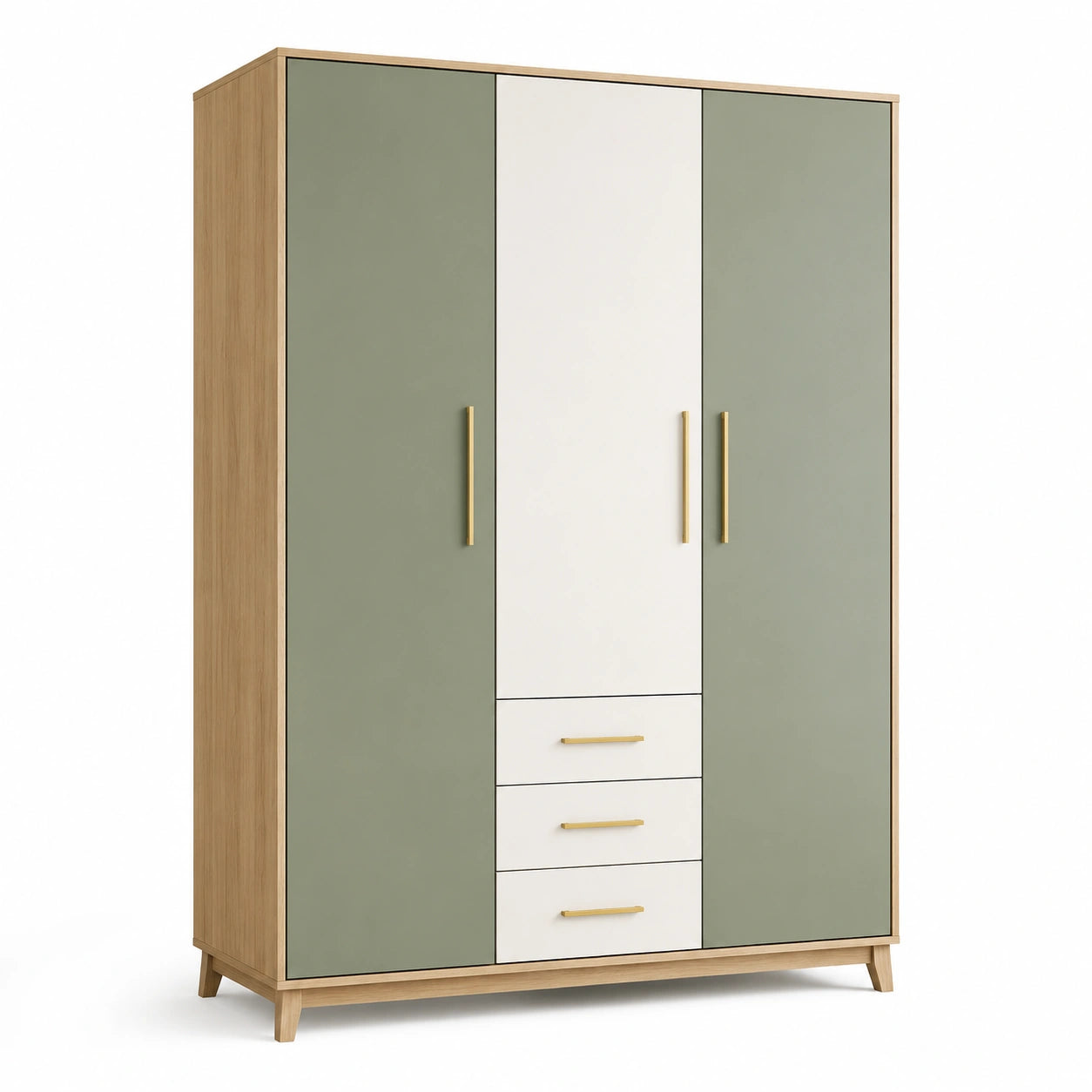 Moderner Kleiderschrank mit 3 Türen und 3 Schubladen, 140 × 52 × 200 cm, Eiche/Salbeigrün/Weiß/Gold