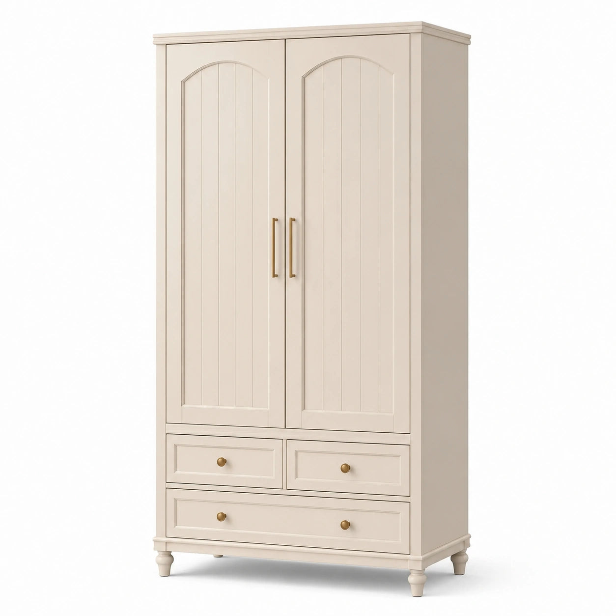 Kleiderschrank aus Holzwerkstoff mit 2 Türen und 3 Schubladen, Cremeweiß/Goldfarben, 110 × 55 × 190 cm, Landhausstil