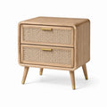 Nachttisch aus Holz mit Rattangeflecht, 55 × 40 × 65 cm, Natur/Beige/Gold, 2 Schubladen