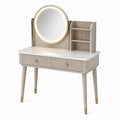 Moderner Schminktisch mit beleuchtetem Rundspiegel, Schublade und Regalaufsatz, 100 × 45 × 140 cm, Beige/Gold/Weiß