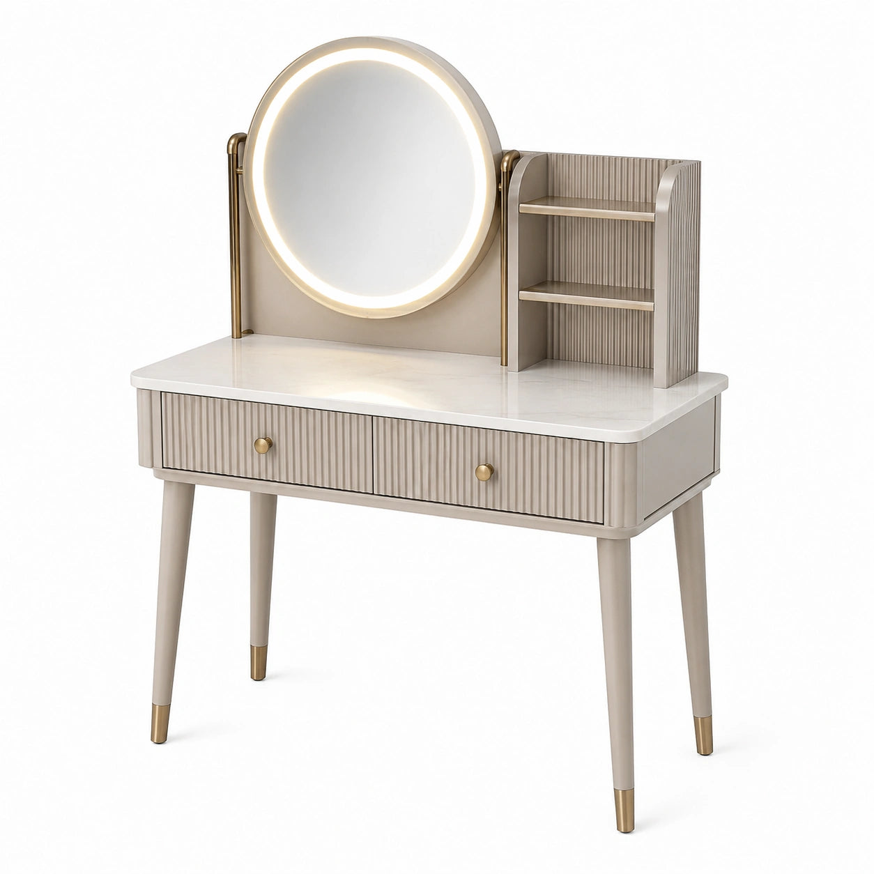 Moderner Schminktisch mit beleuchtetem Rundspiegel, Schublade und Regalaufsatz, 100 × 45 × 140 cm, Beige/Gold/Weiß