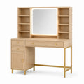 Schminktisch mit beleuchtetem Spiegel, 3 Schubladen und 6 Ablagen, 120 × 50 × 150 cm, Natur/Gold