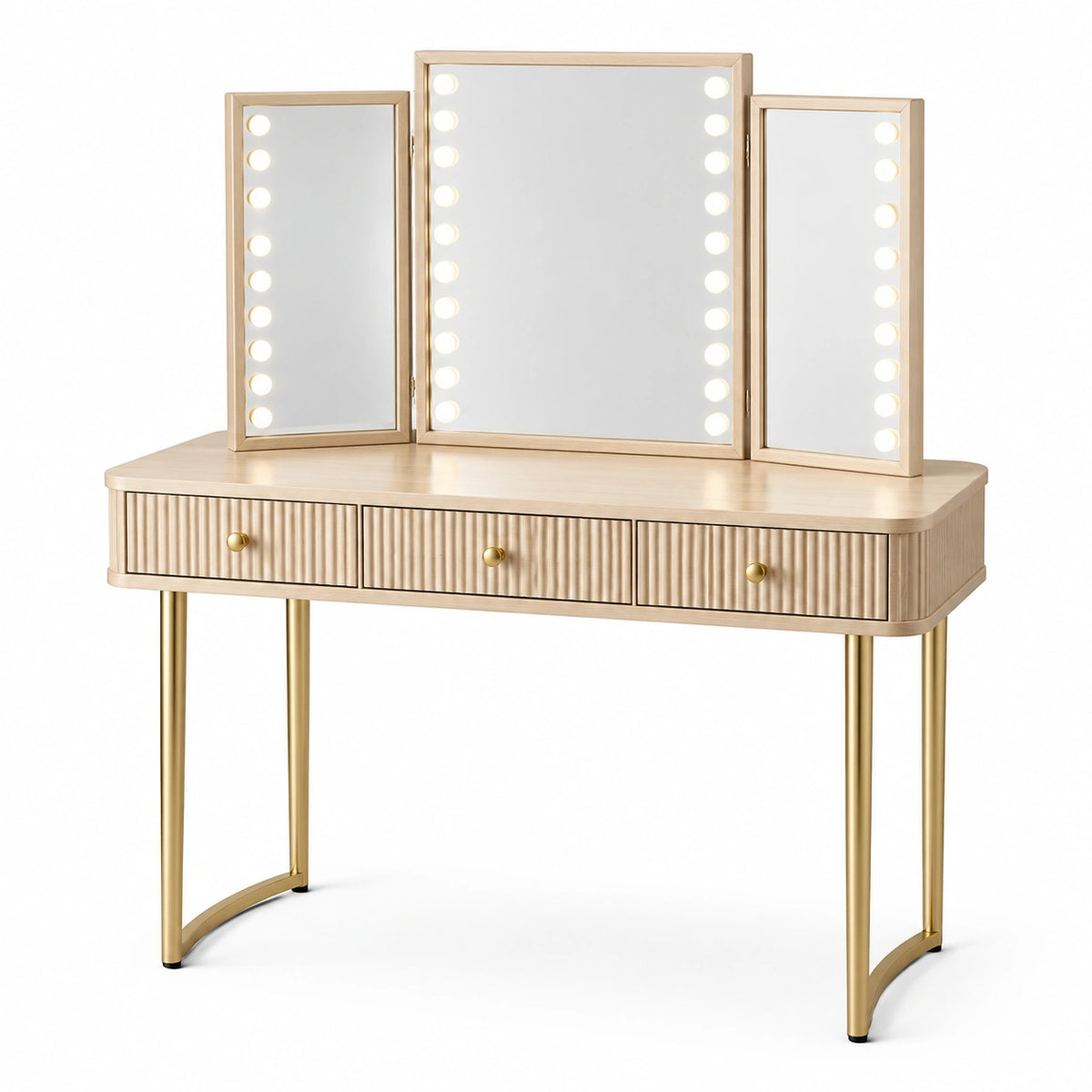 Schminktisch mit dreiteiligem LED-Spiegel und 3 Schubladen, 120 × 40 × 140 cm, Beige/Gold