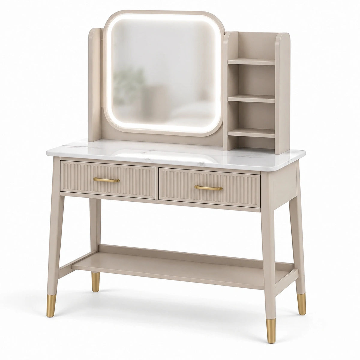 Moderner Schminktisch mit beleuchtetem Spiegel, 2 Schubladen und 4 Ablagefächern, Beige/Weiß/Goldfarben, 100 × 40 × 140 cm