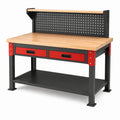 Werkbank mit Lochwand, 2 Schubladen und Ablagen, 120 × 60 × 150 cm, Stahl und Holz, Schwarz/Rot/Natur