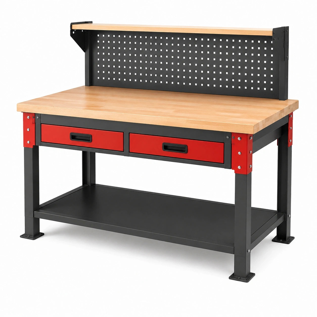 Werkbank mit Lochwand, 2 Schubladen und Ablagen, 120 × 60 × 150 cm, Stahl und Holz, Schwarz/Rot/Natur