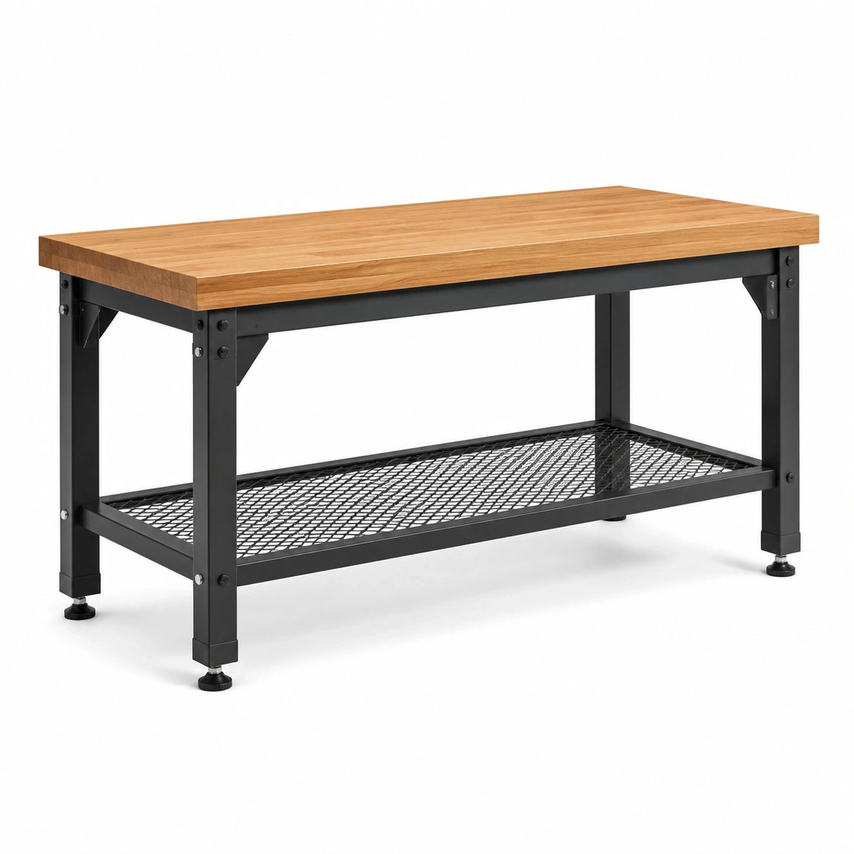 Werkbank mit Holzarbeitsplatte, Stahlgestell und Gitterablage, 120 x 60 x 90 cm, Braun/Schwarz
