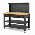 Werkbank aus Stahl und Holz mit Lochwand, 2 Schubladen und 3 Ablagen, Schwarz/Natur, 120 × 60 × 150 cm