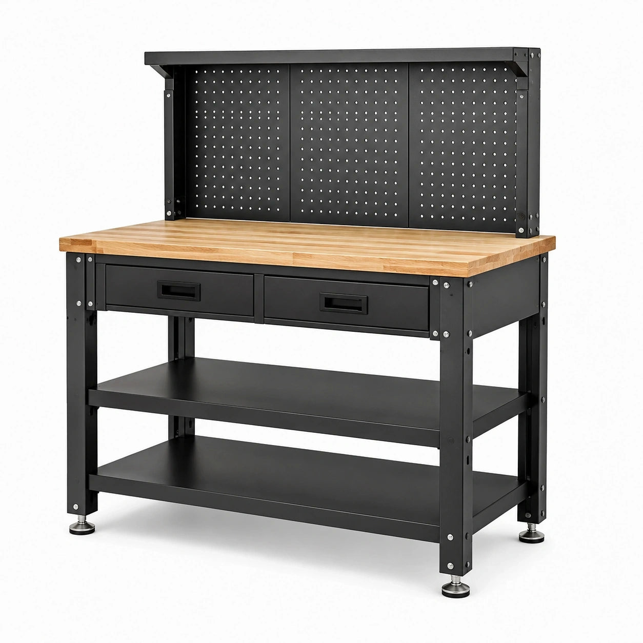 Werkbank aus Stahl und Holz mit Lochwand, 2 Schubladen und 3 Ablagen, Schwarz/Natur, 120 × 60 × 150 cm