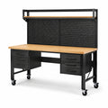 Mobile Werkbank 152 × 61 × 165 cm in Schwarz/Natur mit Lochwand, 6 Schubladen, Rollen und oberer Ablage