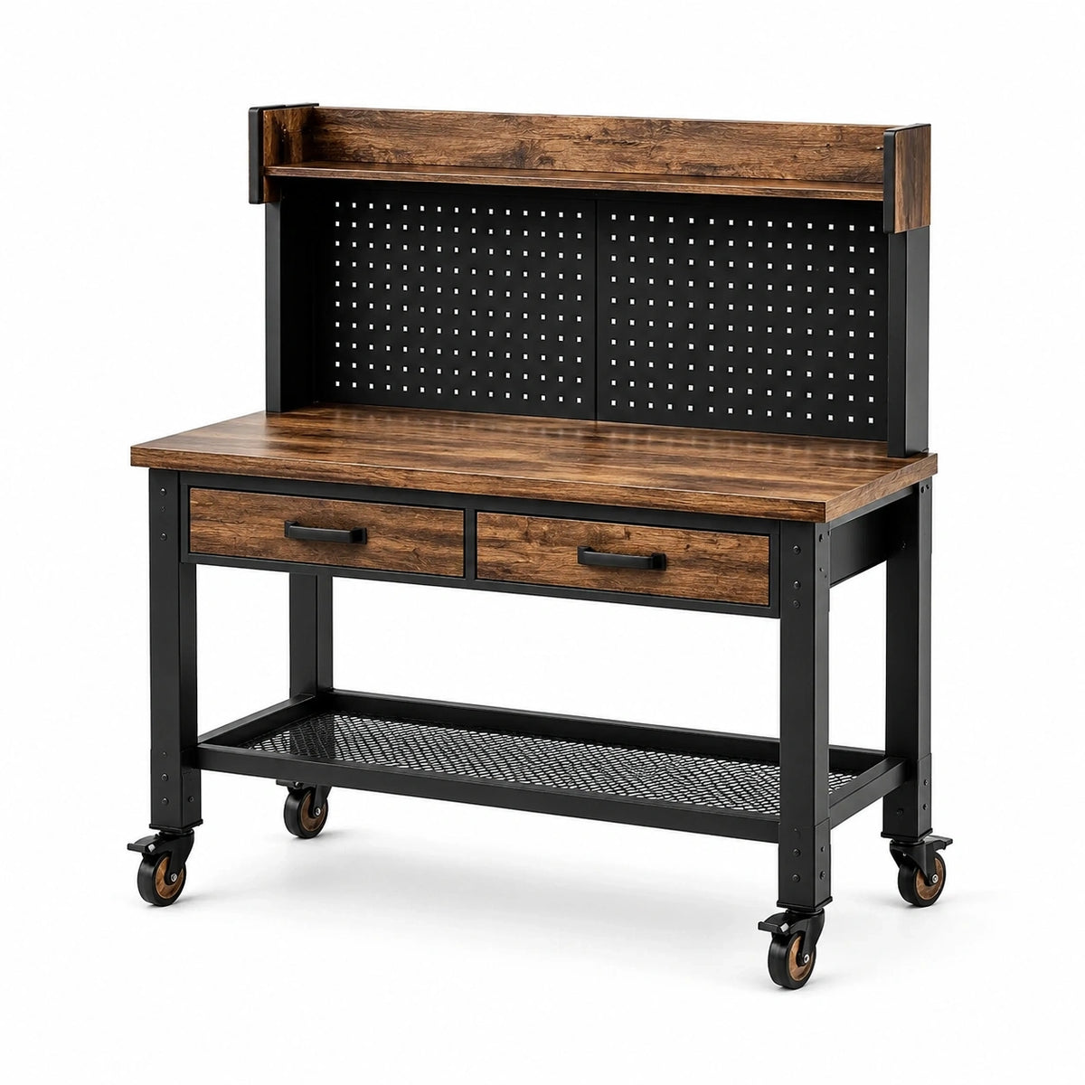 Mobile Werkbank mit Lochwand, 2 Schubladen, Ablagen und Rollen, Schwarz/Braun, 120 × 60 × 150 cm