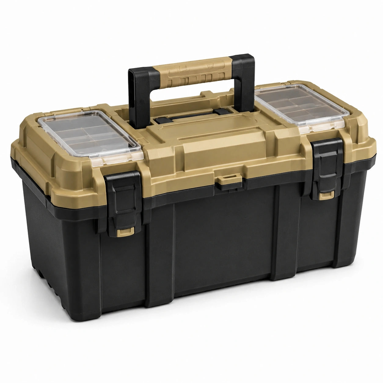 Werkzeugkoffer aus Kunststoff, 49 × 26 × 25 cm, Schwarz/Khaki, mit Tragegriff und transparenten Deckelfächern